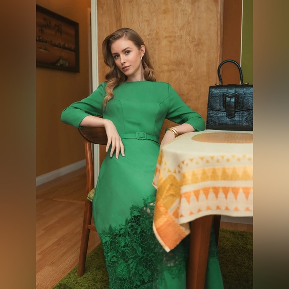 Mac Duggal 21001 Green Crepe Boat Neck Midi Dress With Applique Cut Out Size L - Picture 5 of 9